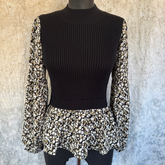 THML Tops - TMHL Ribbed Sweater Vest w/ Floral Balloon Sleeves & Ruffle - XS